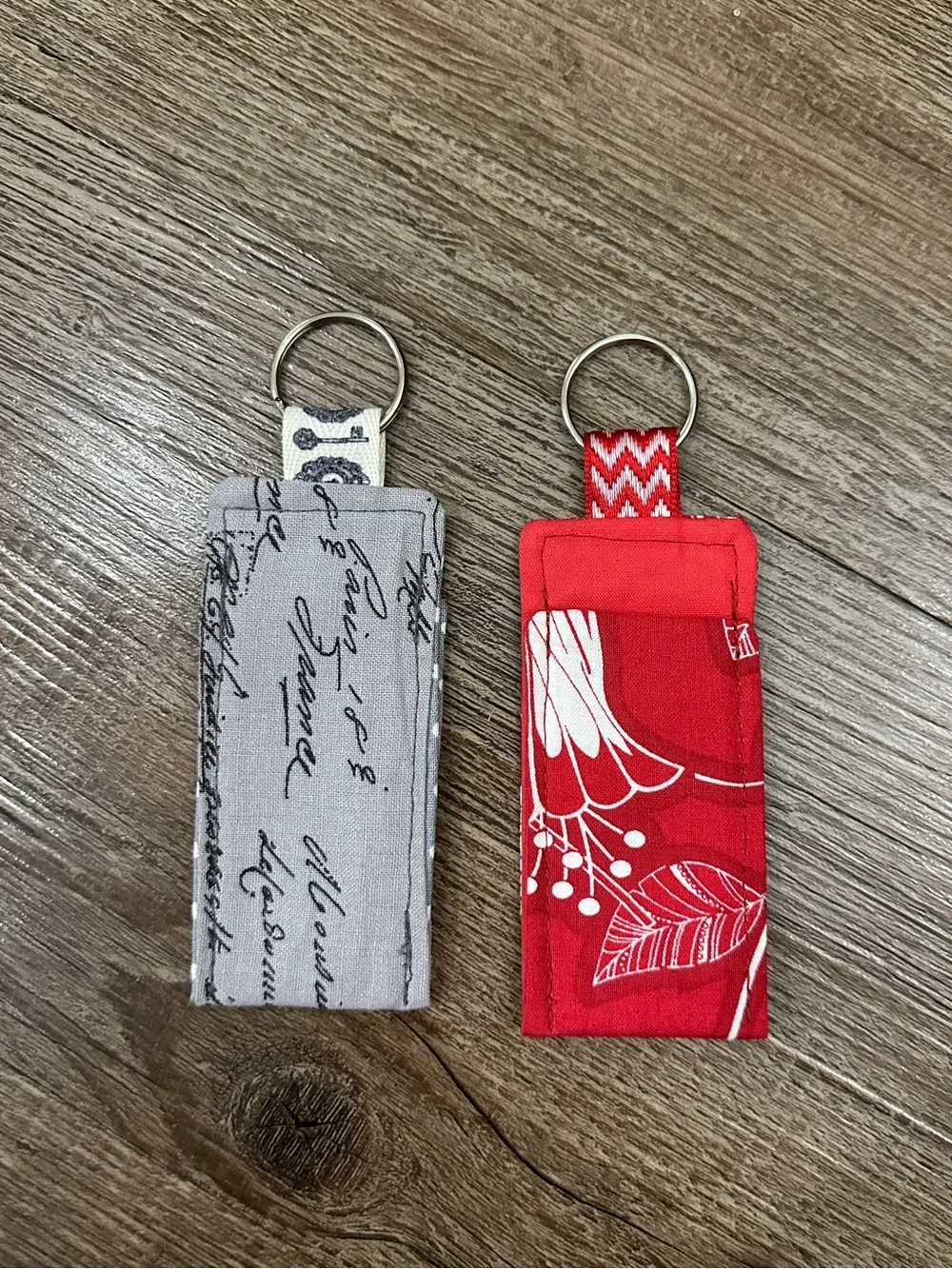 Handmade Fabric Chapstick Holder Key ChainSet - Red Floral & Gray Script